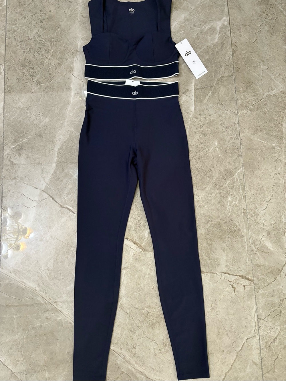 ALO Yoga Navy High-Waist Leggings & Crop Top Set with White Trim